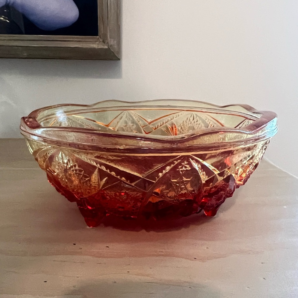 VTG Pressed Patterned Glass Red & Yellow 3 footed Bowl Dish